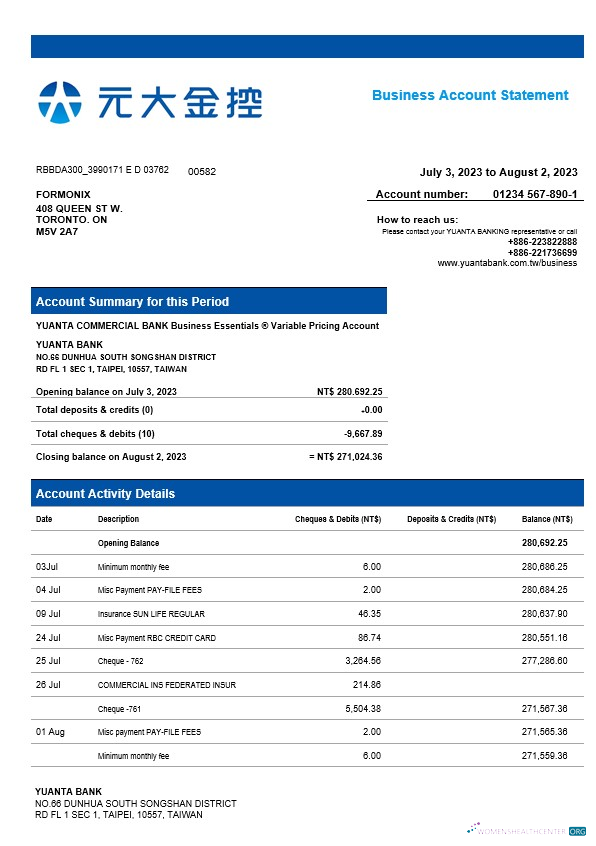 Download Yuanta Securities Bank organization account statement Word and PDF template Photoshop template